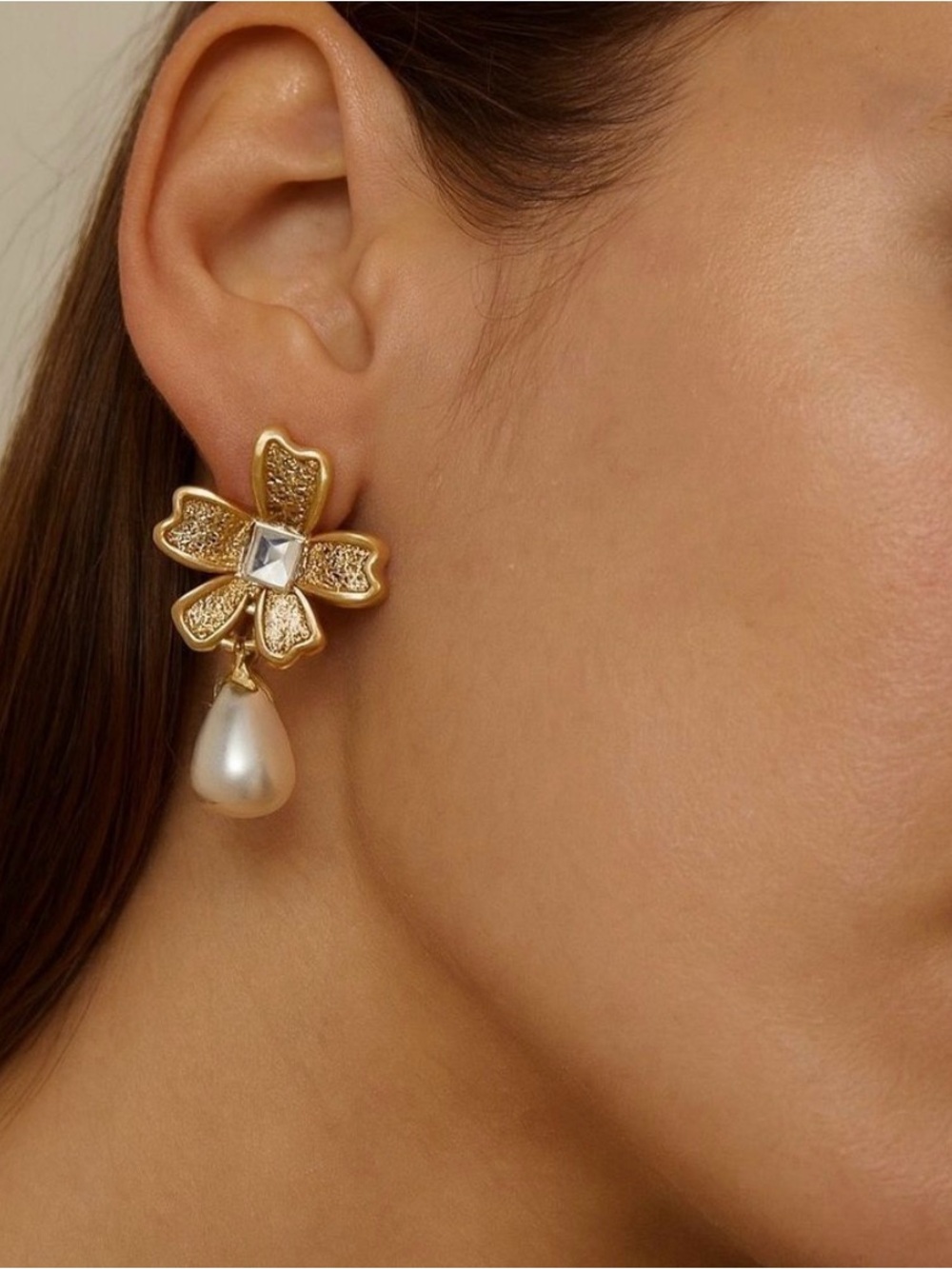 Anthropologie Gold Floral Pearl Drop Earrings